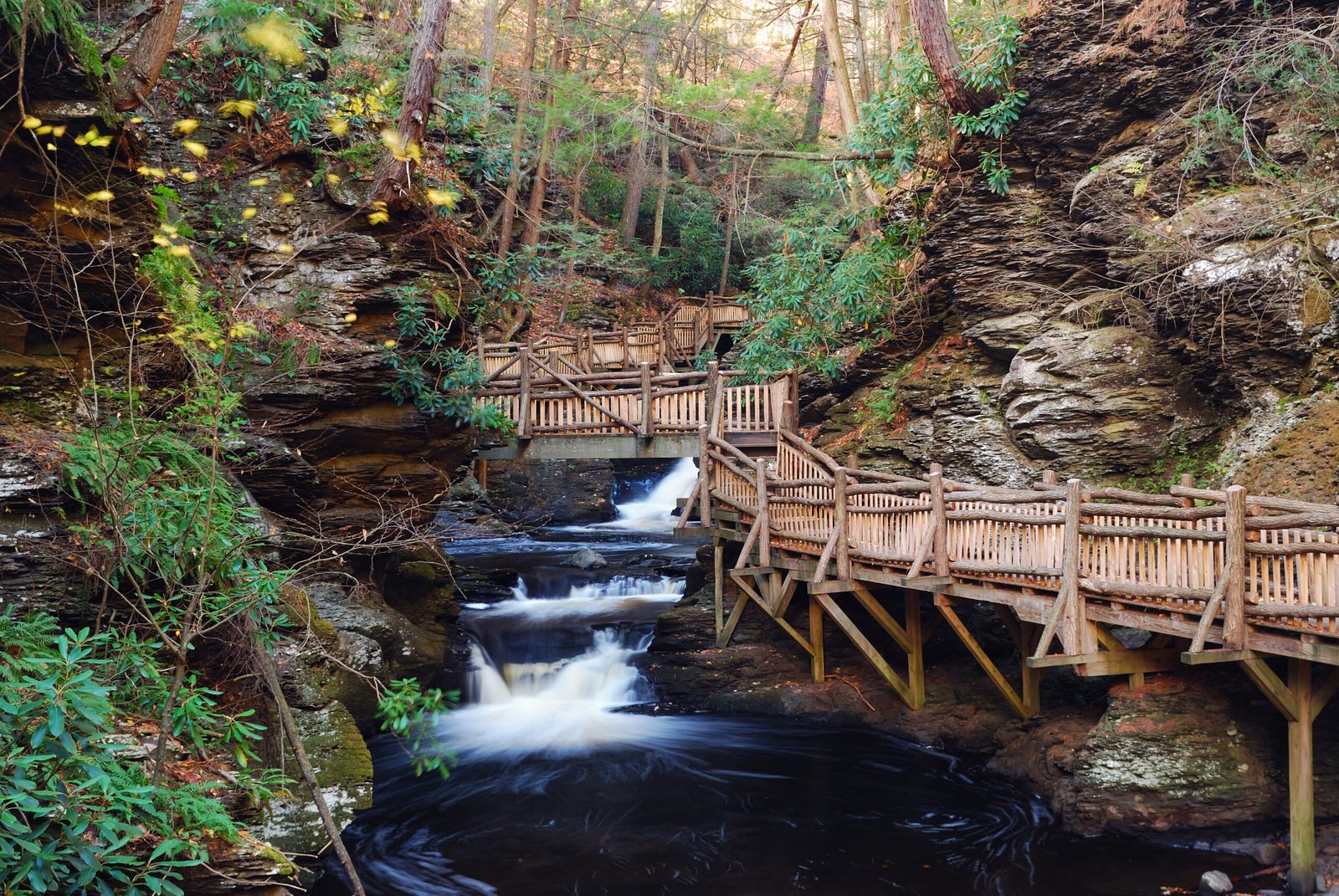Autumn creek with hiking trails and foliage in forest. From Bushkill Falls, Pennsylvania.